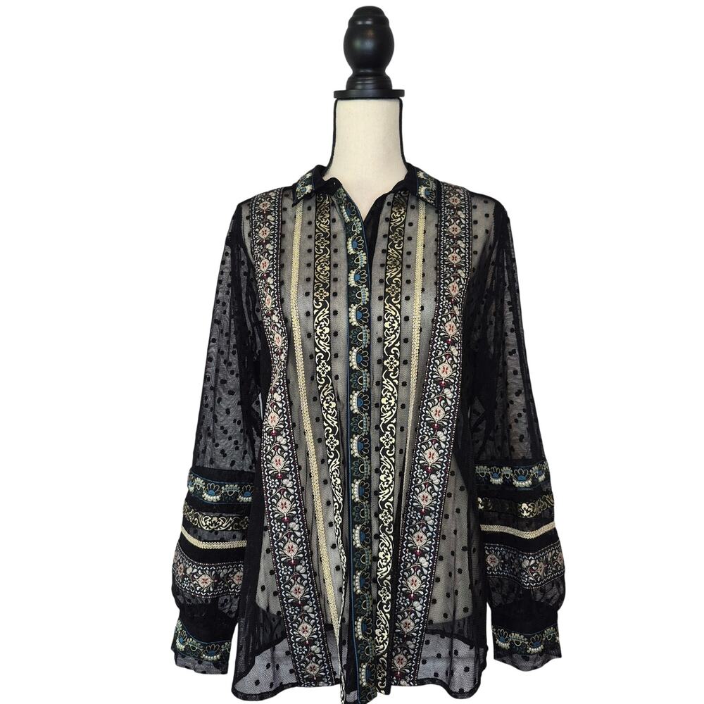 Chicos 35th Anniversary Tapestry Shirt Black Sheer Mesh Embroidered Blouse Sz L